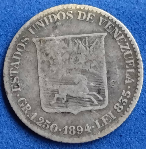 Moneda De 1/4 De Bolívar De 1894, Medio, Plata.