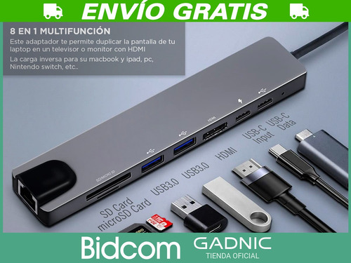Imagen 3 de 10 de Apadtador Hub Usb C Pc Mac 8 En 1 Multifuncion Pro 10gbps