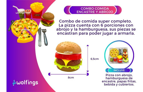 Imagen 3 de 10 de Comida De Juguete Pizza Abrojos Y Hamburguesa Encastre Juego