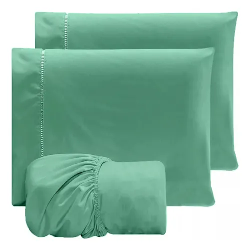 Jogo de Lençol Casal Queen 400 Fios 3 Pç Percal Luxo Macio Cor Verde Desenho do Tecido Liso