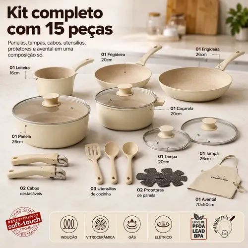 Jogo de Panelas 15 Peças Cozinha Top de Cerâmica, Antiaderente e com Cabo Removível para Indução