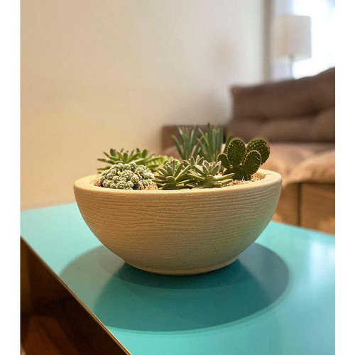 Imagen 4 de 7 de Maceta Floridis Plástico Bowl Premium 30x13 Cm Simil Piedra + Plato Color Beige