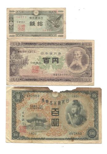 Japón: 3 Billetes Antiguos Década Del 40 Y 50 
