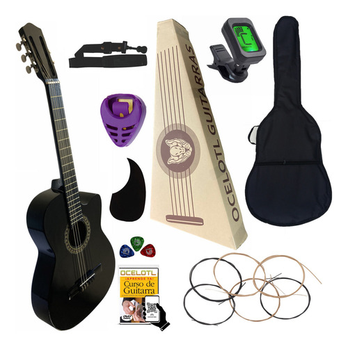 Guitarra Acústica Curva Ocelotl® Paquete Vital De Accesorios Color Negro Orientación De La Mano Derecha