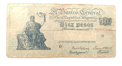 Billete 10 Peso Moneda Nacional Bottero 1880 Progreso 1938