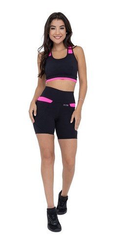 Shorts Basic Preto Com Rosa Fitnez® Com Emana E 2 Bolsos