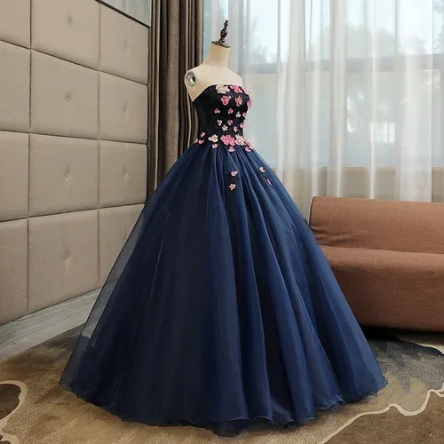 Vestido Quincea era Fino Azul Oscuro Flores Xv A os Aplique
