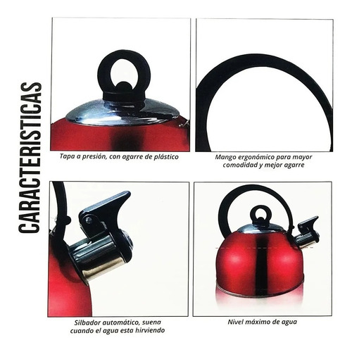 Pava Silbadora De Acero Inoxidable De 2,5 Lts Color Rojo
