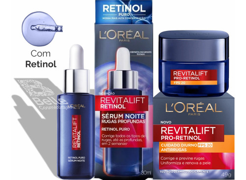 Crema facial de día y sérum de noche con retinol Loreal Revitalift para todo tipo de piel
