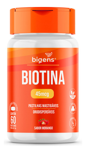 Biotina (vitamina B7) 45 mcg - Tabletas bucodispersables masticables para cabello, piel y uñas | Sabor a fresa | Bigens