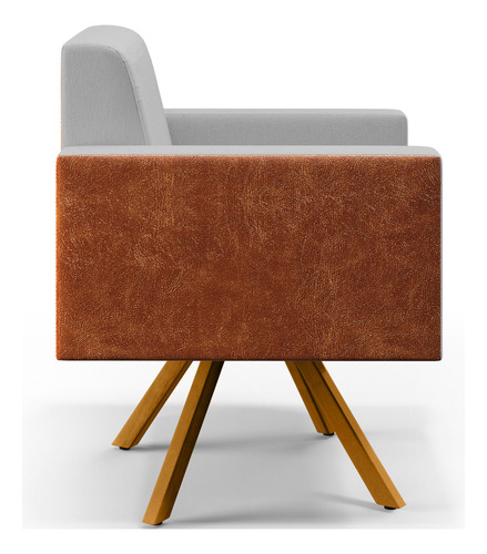 Poltrona Decorativa Base Giratória de Madeira Helô L02 Linho Cinza Couríssimo Camel