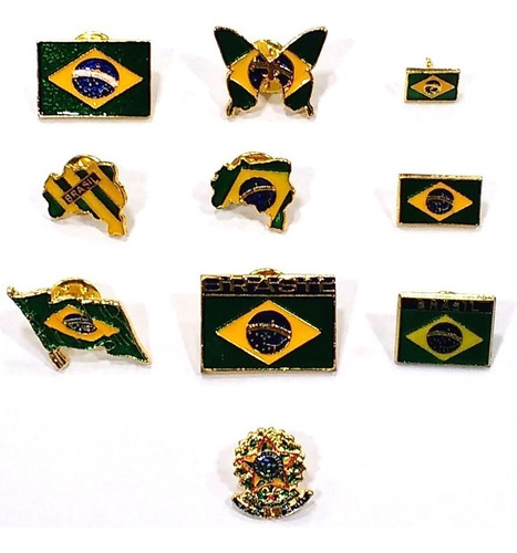 Coleção C/ 10 Bótons Pins Tema Brasil Bandeira Mapa Souvenir