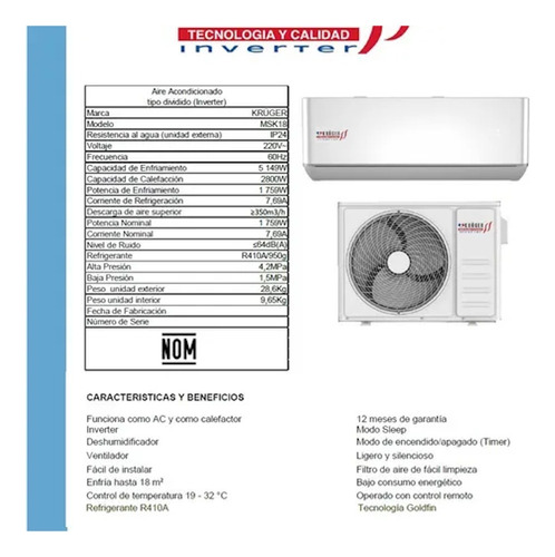 Aire Acondicionado Inverter Mini Split 18m2 Msk18 Kruger