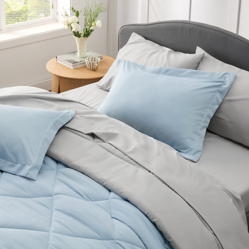 Juego Edredon Y Ropa De Cama Individual Azul Y Gris