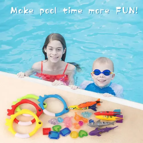 Set De 25 Juguetes De Buceo Para Piscina Con Anillos, Torpedos Y Piedras Preciosas | Entrenamiento Subacuático Para Niños 3+