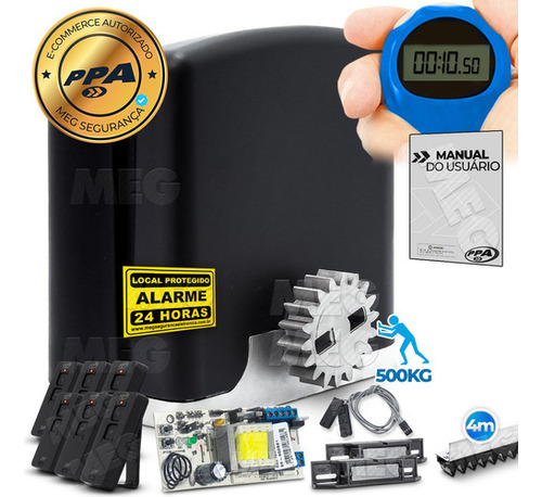 Kit 1 Motor Portão Deslizante 4m Ppa 1/3 Hp Rápido 6 Control Cor Preto Frequência 433 Mhz Tamanho da engrenagem Z18 220V