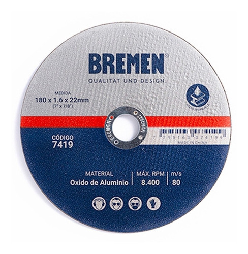 Imagen 1 de 3 de Disco Corte Amoladora Metal 180 X 1.6mm Caja 10u Bremen 7419