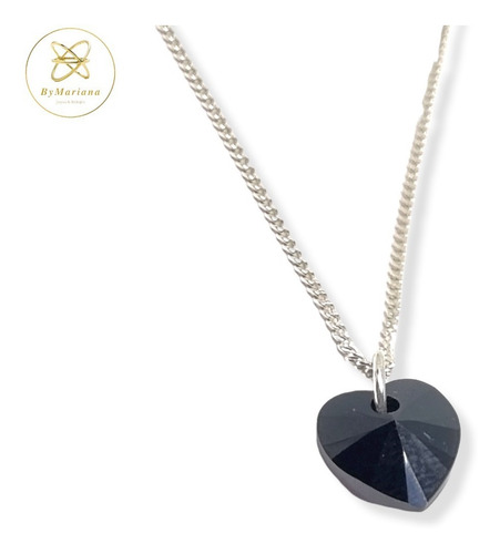 Imagen 5 de 7 de Cadena Plata + Dije Corazon Cristal Swa Negro 10 Mm