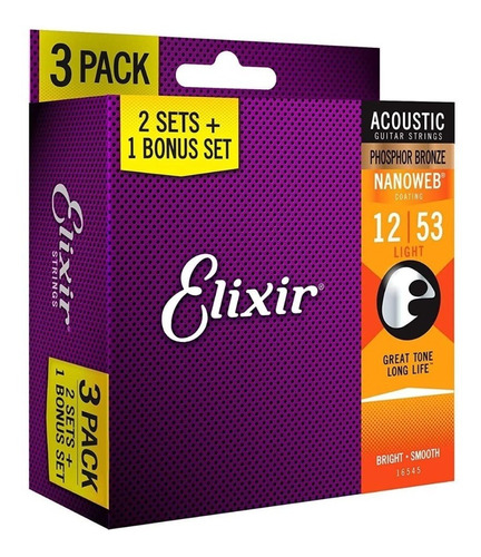 Elixir Cuerdas Guitarra Acustica Nanoweb 3 Pack 12/53 