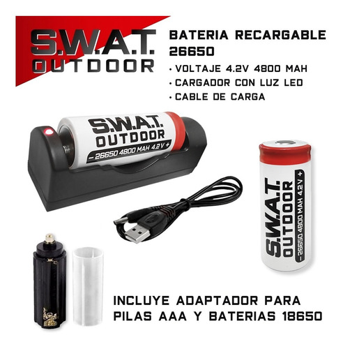 Imagen 5 de 10 de Linterna Táctica Led Swat Outdoor X15 Usb Accesorios 2 Pilas
