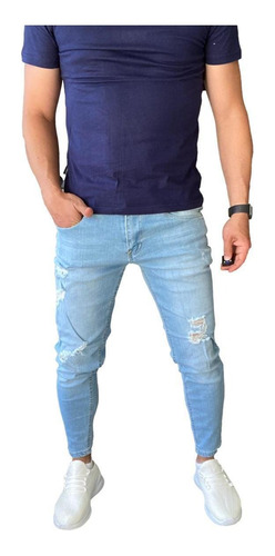 Imagen 4 de 7 de Jeans Destroyed Super Slim Ankle Fit Celeste Claro