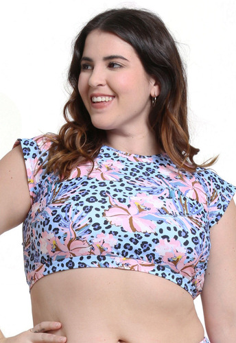 Bikini Estilo Crop Top Estampado Celeste