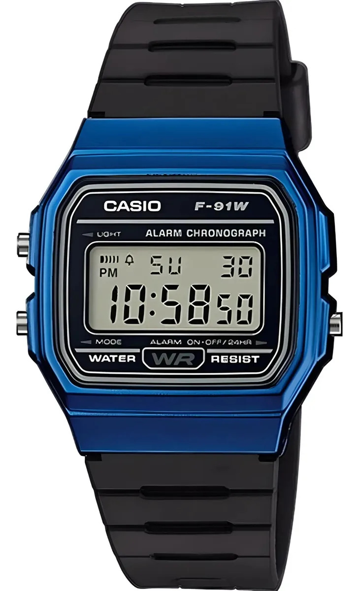 Reloj Casio F-91wm-9adf Digital Unisex Correa Negro Bisel Azul Fondo Negro