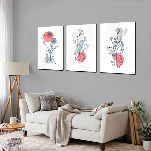 3 Cuadros Nordicos Flores Abstractos Modernos 45x30 Cm