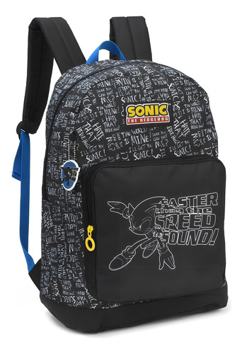 Mochila escolar negra Sonic Frases - Luxcel - 42 x 30 x 18 cm
