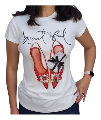 Playera Blusa De Zapatillas Con Brillos Y Moño Beautiful