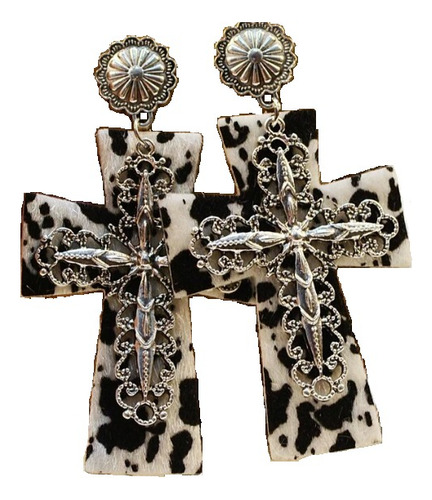 Aretes Cruz Accesorio Vaquero Cowgirl Plateado Vaca