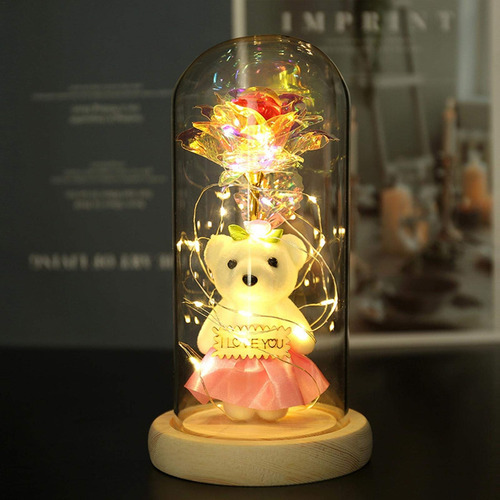 Perfecto Rose De Flor Eterna Con Luces Led Con Osos Color Rosa