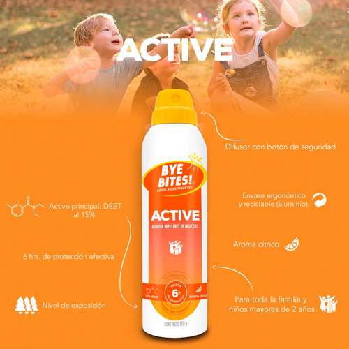 Repelente De Insectos En Aerosol Bye Bites Active Protección 6 Horas 15% Deet 170g