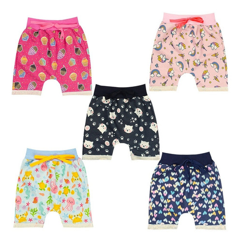 Kit 5 Shorts Bermuda Saruel Infantil Menina Moletom Sortidas