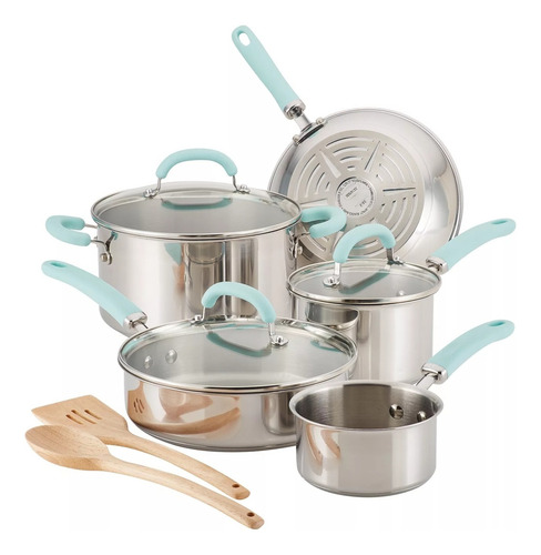 Rachael Ray Bateria De Cocina Acero Inoxidable 10 Piezas Set Color Gris Con Celeste