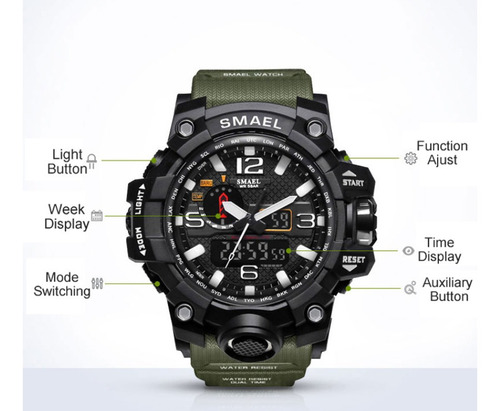 Reloj Militar Smael 1545 Verde S Shock Táctico Sumergible