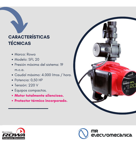 Imagen 3 de 10 de Bomba Rowa Sfl 20 Presurizadora Elevadora Presion 1,9 Bar - 0,5 Hp - Caudal Máximo: 4.000 Litros / Hora - Oferta!