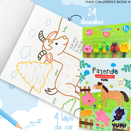 Livro De Colorir E Lápis Animais Da Fazenda | Com 50 Adesivos E Borracha De Bichinhos