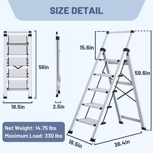 Escalera de 4 escalones, taburete de aluminio de 4 escalones con pasamanos  retráctiles y pedal ancho antideslizante, escaleras plegables de 4