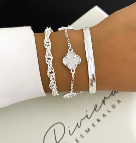 Mix 3 Pulseiras Trevo Trançada Fita Banhada Prata 925 Garant