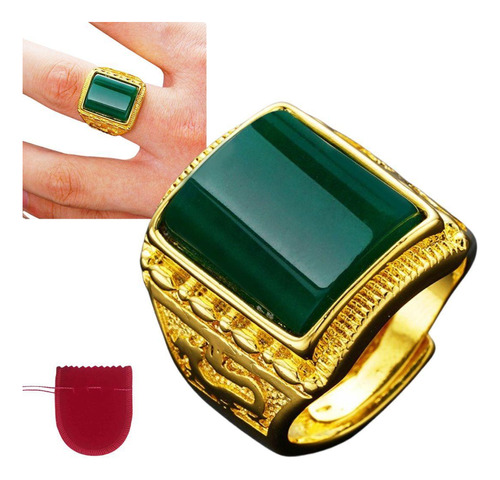 Anel Masculino Dourado Pedra Verde Banhado Regulável