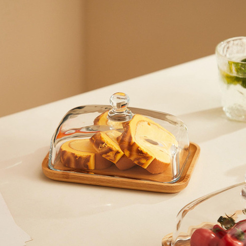 Plato Rectangular De Bambú For Tartas Con Tapa De Cristal