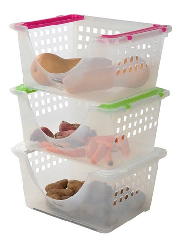 Kit X 3 Canastos Cesto Contenedor Apilable Organizador Plastico Encastrable Mediano Colombraro