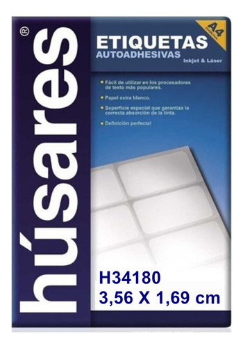 200 Hojas Etiqueta Autoadhesiva Husares H34180 A4 3,56x1,69 