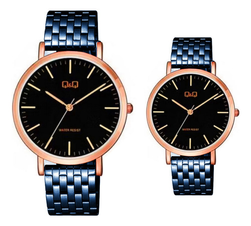 Relojes Pareja Duo Qyq Acero Quartz Q&q Azul + Estuche