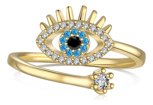 Anillo De Plata 925 Oro 18k Zirconias Ojo Ajustable Azul