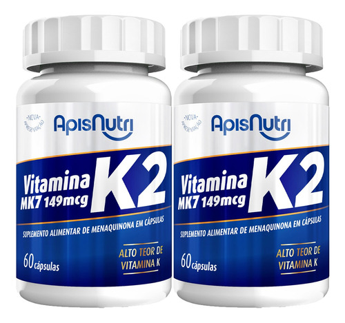 2x Vitamina K2 Mk7 100% Puro - 60 Cápsulas 280mg Apisnutri