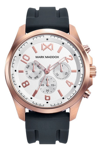 Reloj Mark Maddox Hombre De Lujo En Acero Correa Negro Bisel Oro Rosa Fondo Blanco