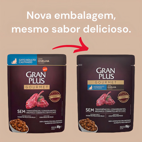 18un Ração Úmida Granplus Gourmet Gatos Castrados Ovelha 85g