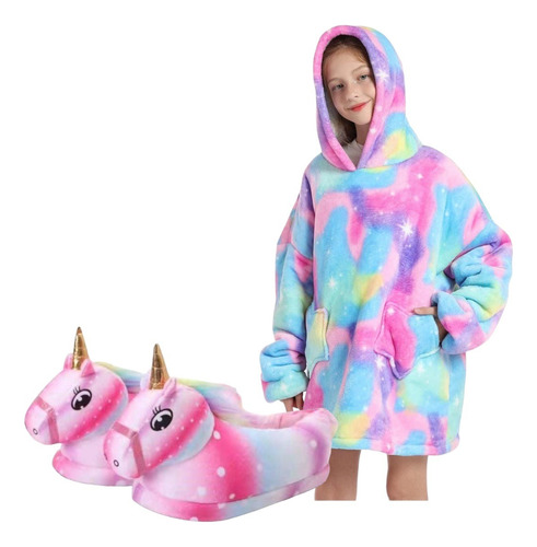 Bella Bata Con Capucha Salida De Baño Para Niña Poleron De Polar Sherpa Con Suave Pantuflas De Unicornio Calienta Pies Rapido Regalo Dia De La Niñez 